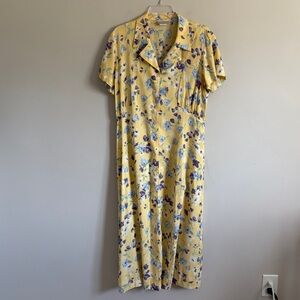 VTG Coldwater Creek Yellow Floral Shirt Midi Dress Large 90s Rayon Cottagecore